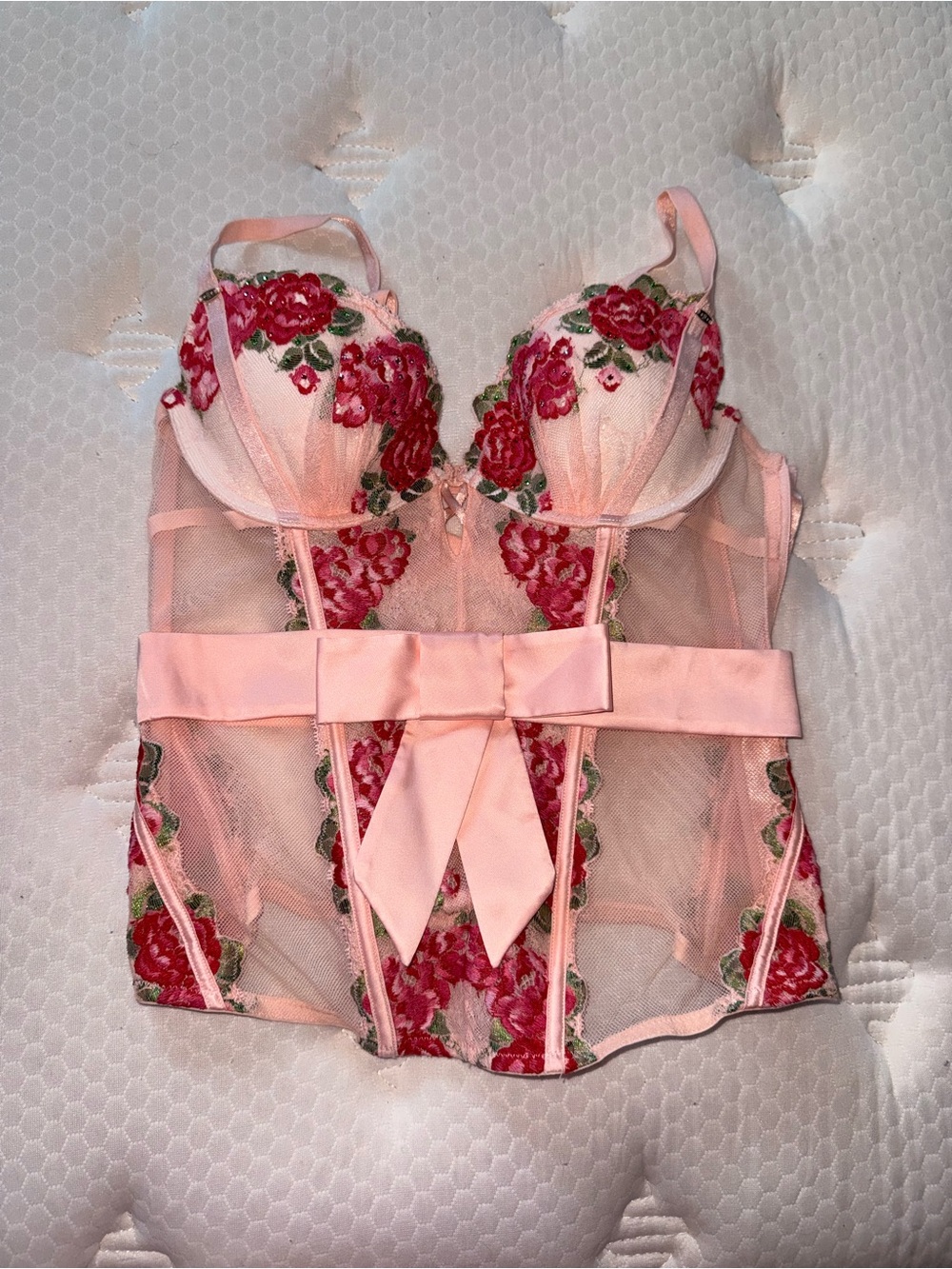 Victoria's Secret Pink and Red Floral Embroidered Bustier with Satin Bow - Picture 2 of 7